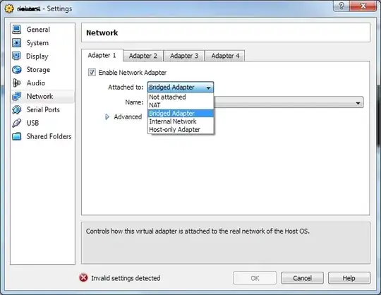 Within the network settings, on the "Adapter 1" tab. "Enable Network Adapter" is ticked, and "Attached to:" is selected to "Bridged Adapter".