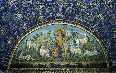 Christ as the Good Shepherd; c. 425–430; mosaic; width: c. 3 m; Mausoleum of Galla Placidia (Ravenna, Italy)