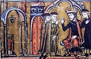13th-century miniature of King Baldwin II granting the Al Aqsa Mosque to Hugues de Payens