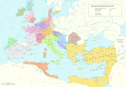 A map depicting about a dozen polities in the west, and the Byzantine Empire in the east