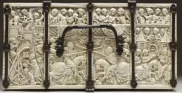 Lid of the Walters Casket, with the Siege of the Castle of Love at left, and jousting. Paris, 1330–1350