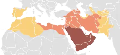 Map of the Middle East and the Mediterranean, showing the expansion of the Muslim empire