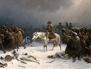 Painting of Napoleon and his troops in winter retreating from Moscow