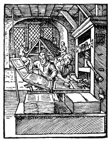 A woodcut from 1568 showing an old printing press