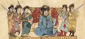 Turkic amir with guards in Maqamat al-Hariri, wearing the sharbush headgear, the three-quarters length robe, and boots, at Rayy, Iran, 1227.